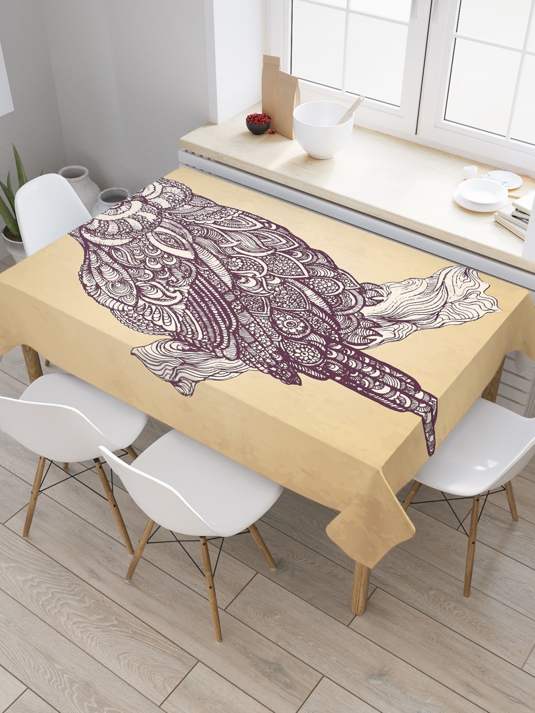 

Скатерть прямоугольная JoyArty "Орнаментальный филин" из оксфорда, 120x145 см, Бежевый, Орнаментальный филин