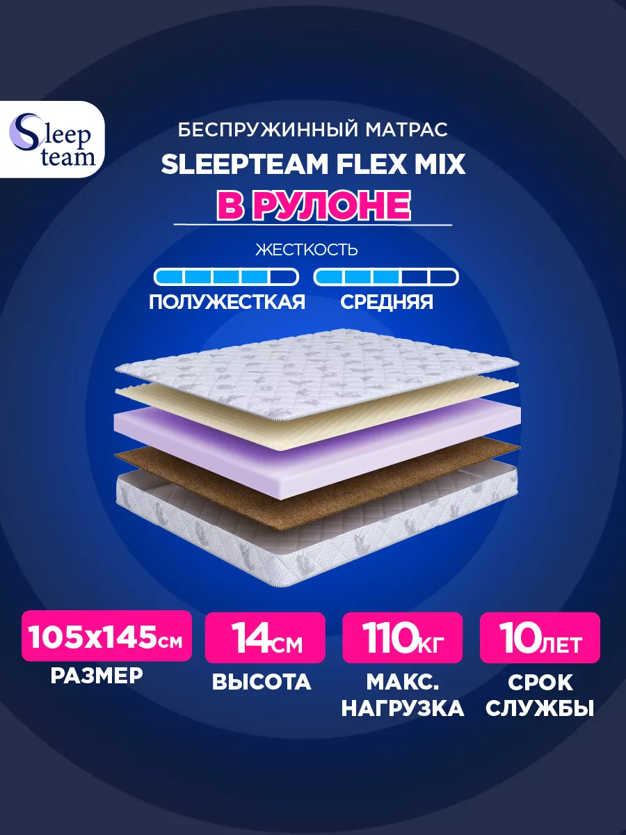 

Матрас анатомический SleepTeam Flex Mix 105х145, высота 14см беспружинный, Белый, Flex