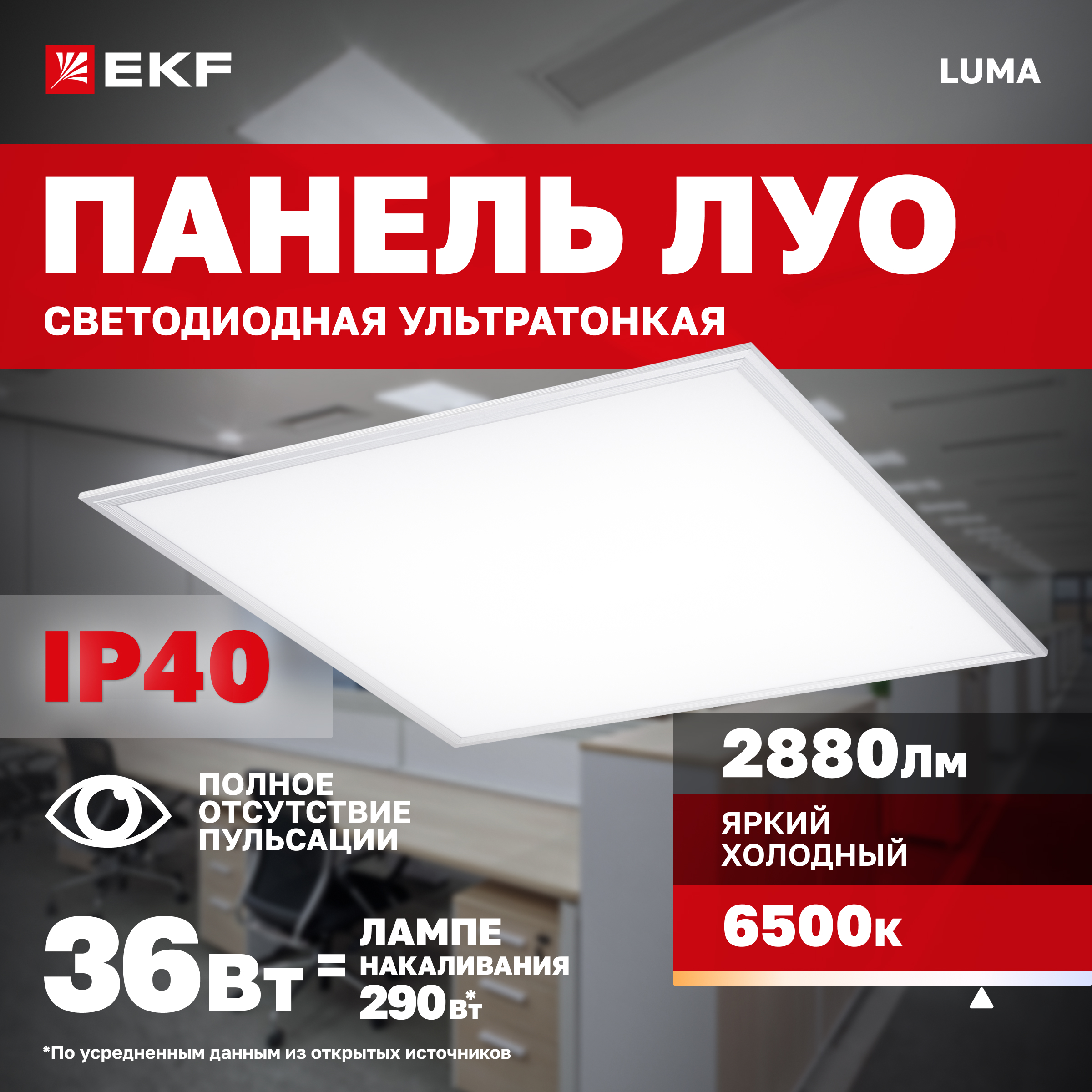 Панель светодиодная тонкая EKF Basic ЛУО-4008-W 36Вт 6500К