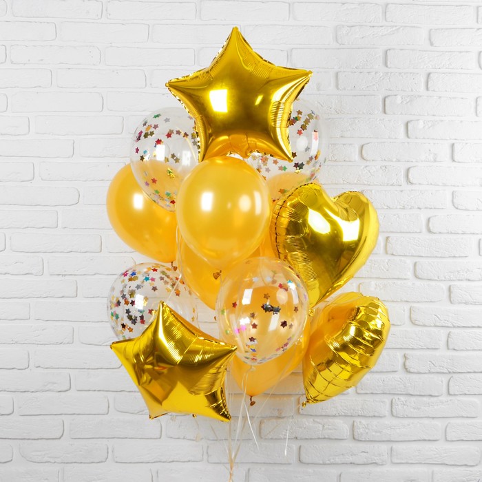 

Букет из шаров Романтика, фольга, латекс, золотой, набор из 14 шт., Прозрачный;желтый;золотистый