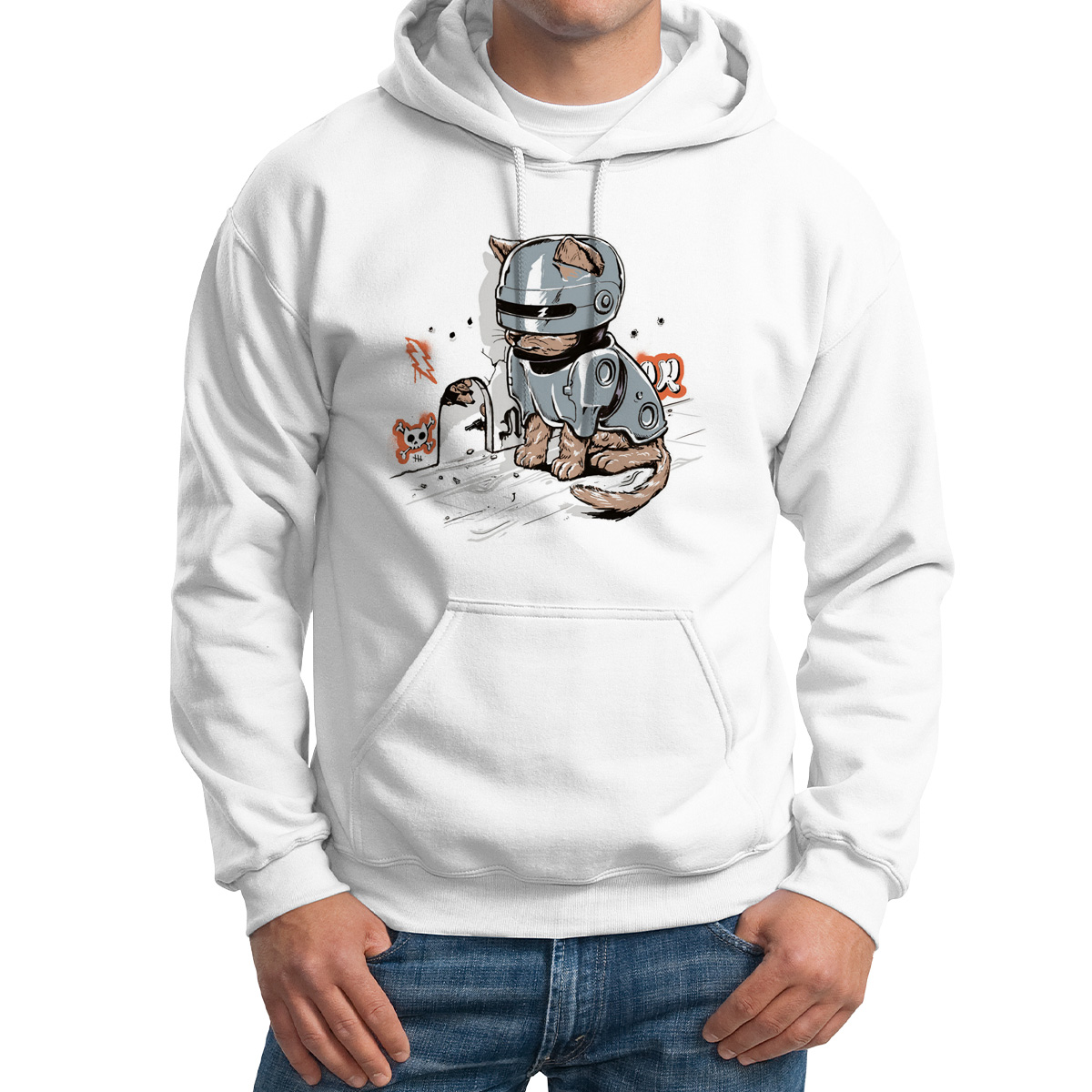 

Худи унисекс CoolPodarok Кот робокоп белое 42 RU, Белый, 2M015671