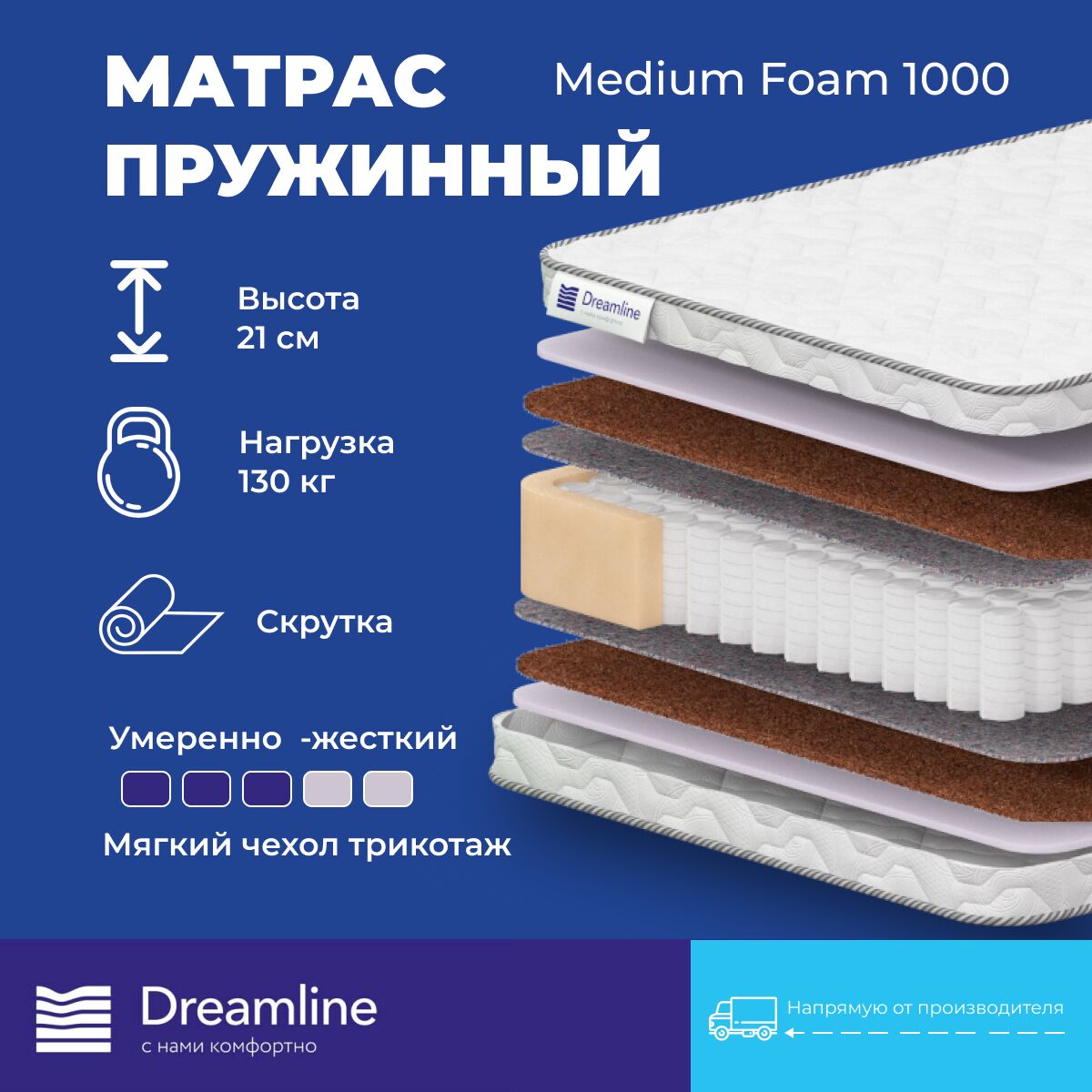 

Матрас Dreamline Medium Foam 1000 85х200, Бежевый;белый;серый;серебристый, Medium Foam 1000