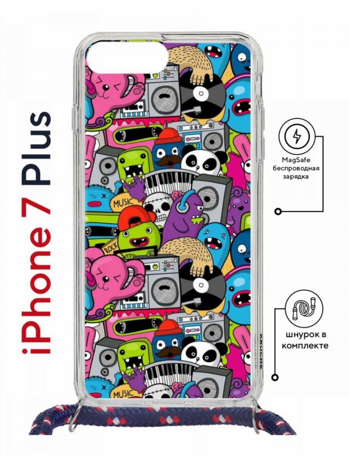 Чехол на iPhone 7 Plus/ 8 Plus MagSafe Kruche Print Monsters music с магнитом, со шнурком