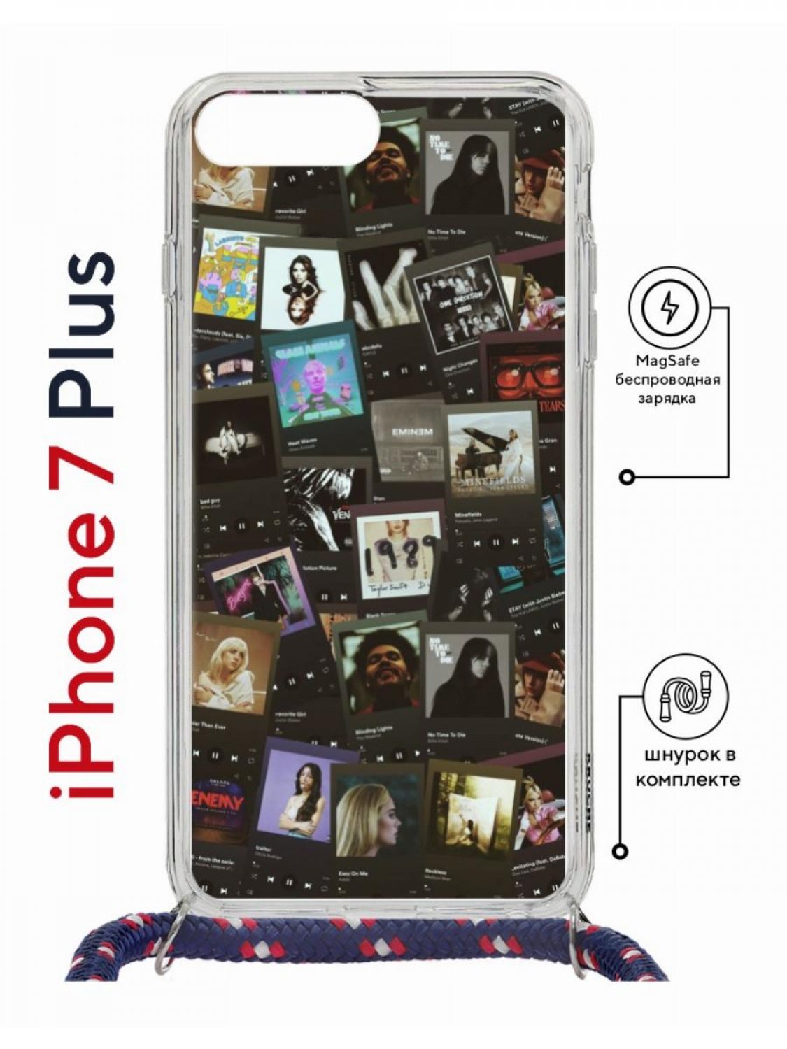 Чехол на iPhone 7 Plus/ 8 Plus MagSafe Kruche Print Плейлисты с магнитом, со шнурком