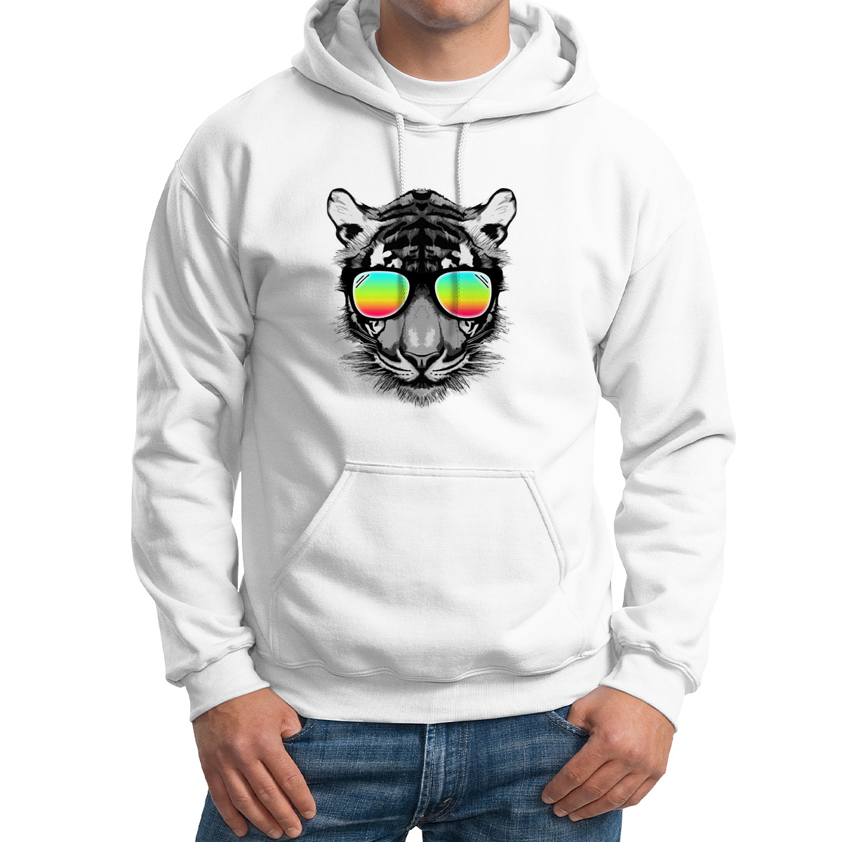 

Худи унисекс CoolPodarok Тигр в радужных очках белое 42 RU, Белый, 2M015652