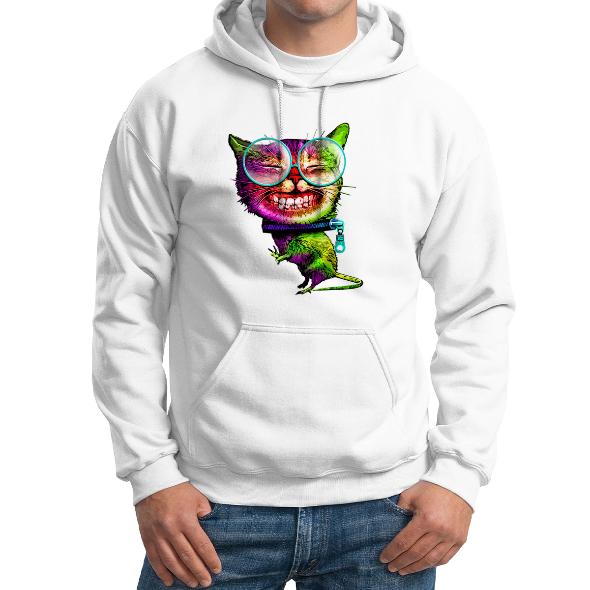 

Худи унисекс CoolPodarok Кот щерится очки замок на шее белое 42 RU, Белый, 2M015651