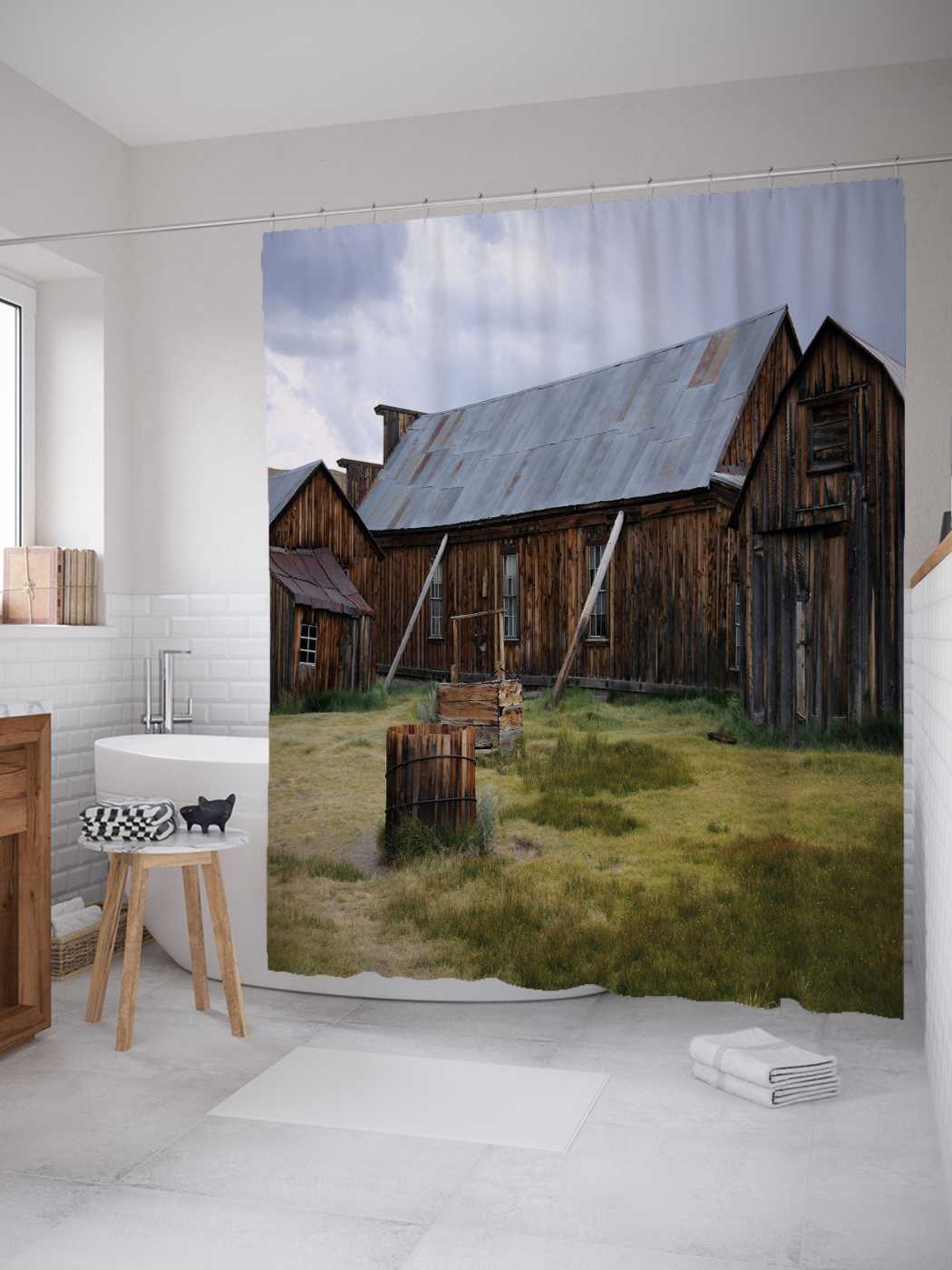 

Штора (занавеска) JoyArty для ванной "Деревянный сарай" из сатена, 180х200 см с крючками, Красный