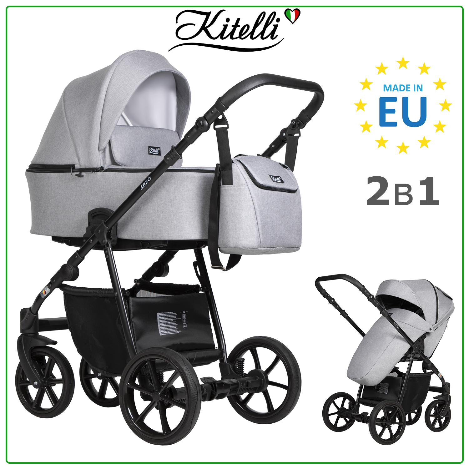 

Коляска 2 в 1 Kitelli Areo LUX 02 светло-серый рама черная, Areo LUX