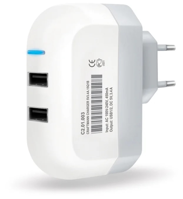 фото Сетевое зарядное устройство craftmann charger, 2xusb, 3,4 a, (c2.01.003) white