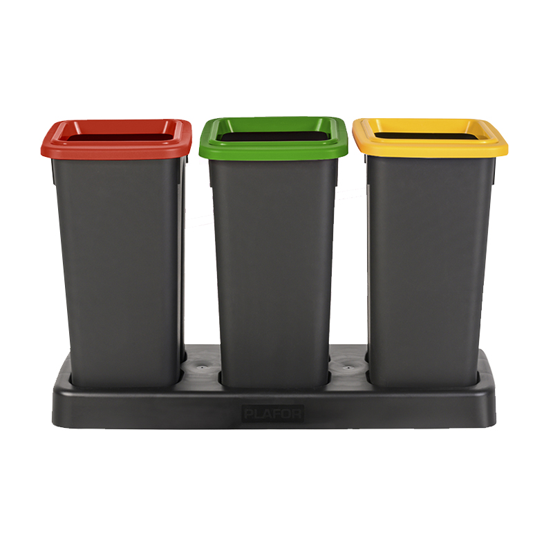 

Контейнер для мусора 20 л Fit bin 3 шт. с красной желтой и зелёной крышками на подставке, Plafor Fit bin