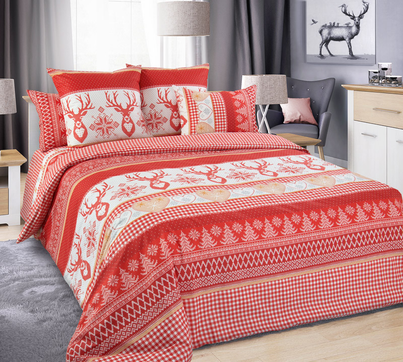 фото Красное постельное белье с оленями лапландия 1, перкаль/бязь, 1.5-спальное, наволоч. 70х70 текс-дизайн