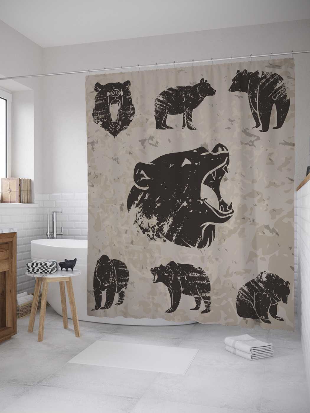 

Штора (занавеска) JoyArty для ванной "Портреты медведя" из сатена, 180х200 см с крючками, Синий