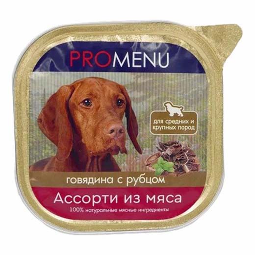 Влажный корм Pro Menu Ассорти из мяса говядина и рубец для собак 300 г 131₽