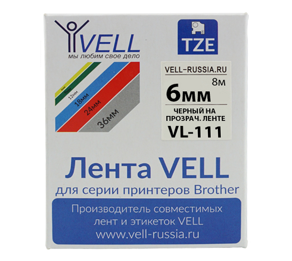 Лента Vell VL-111 (Brother TZE-111, 6 , черный на прозрачном)