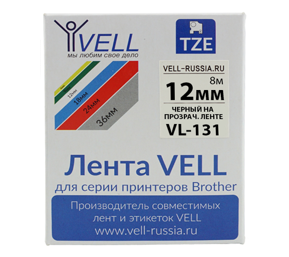 Лента Vell VL-131 (Brother TZE-131, 12 , черный на прозрачном)