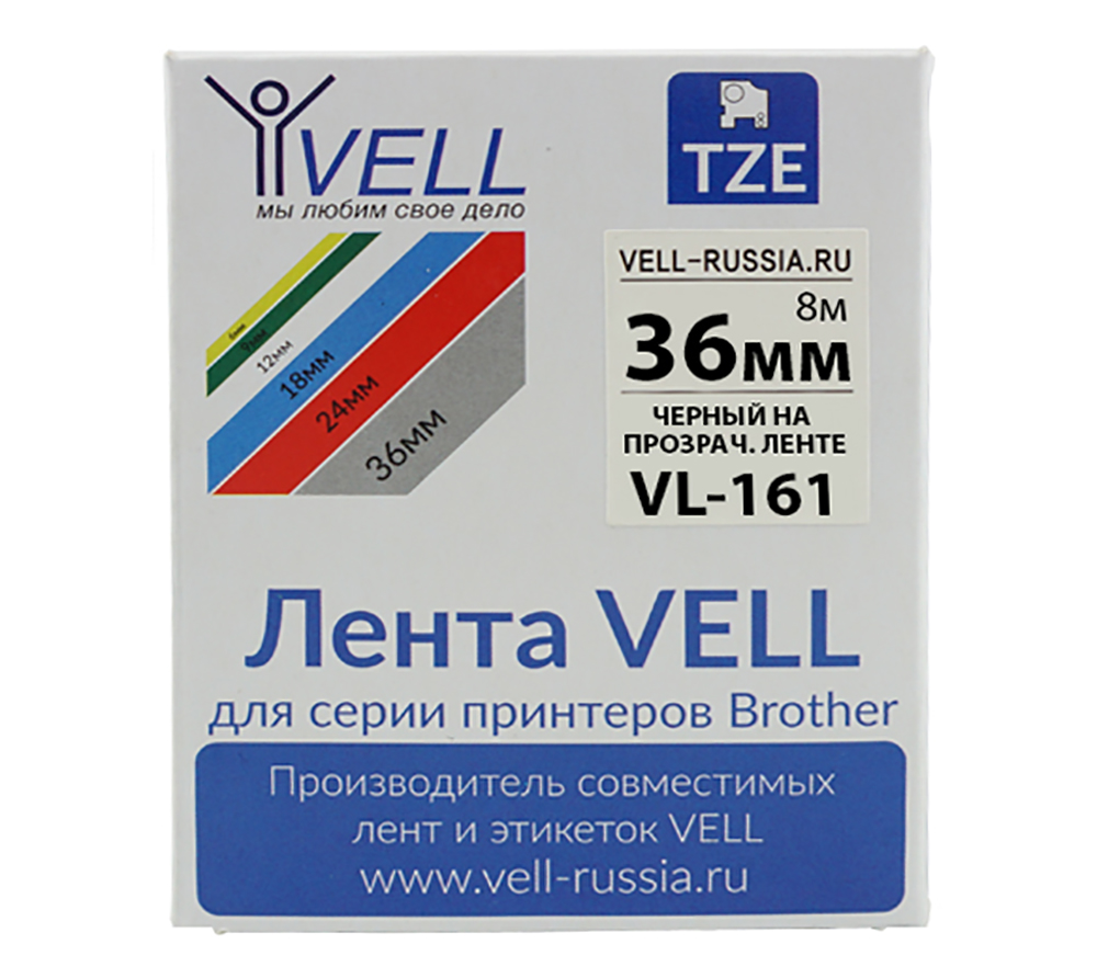 Лента Vell VL-161 (Brother TZE-161, 36 мм, черный на прозрачном) для PT9700/P900W