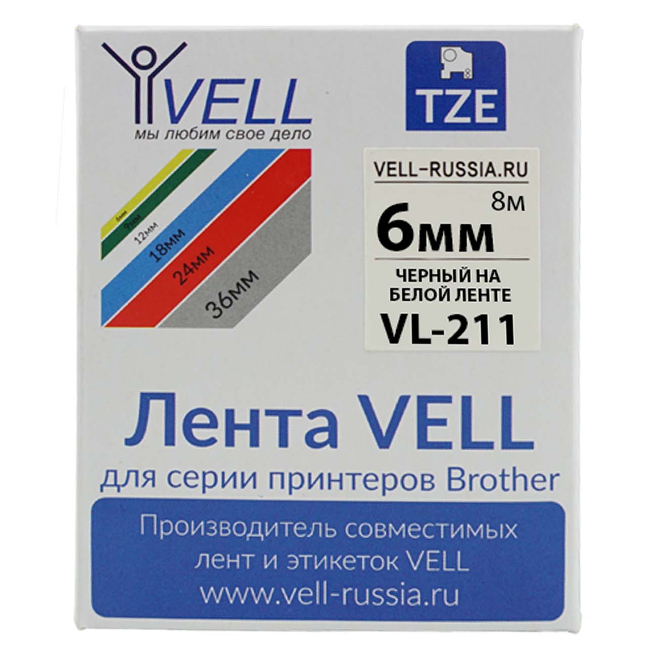 Лента Vell VL-211 (Brother TZE-211, 6 , черный на белом)