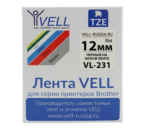 Лента Vell VL-231 (TZe-231 Brother, 12 , черный на белом)