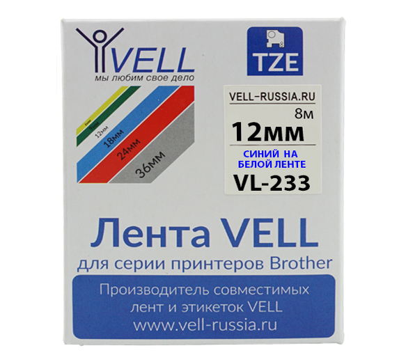 Лента Vell VL-233 (Brother TZE-233, 12 , синий на белом)