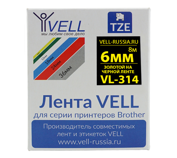 Лента Vell VL-314 (Brother TZE-314, 6 , золотой на черном)