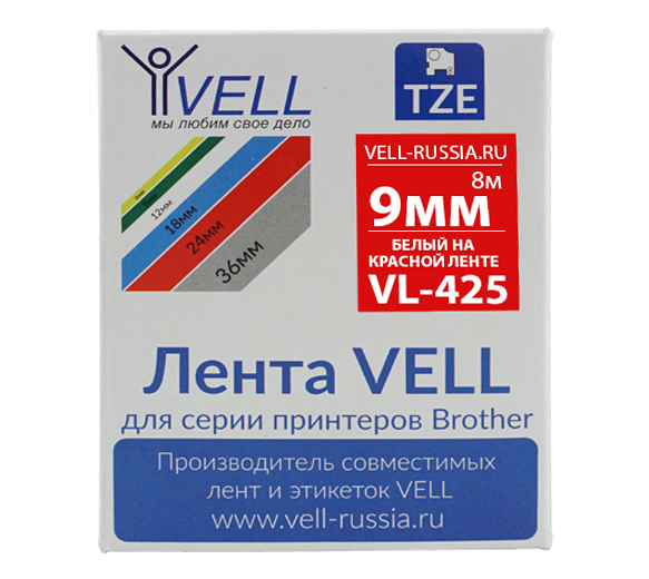 Лента Vell VL-425 (Brother TZE-425, 9 , белый на красном)