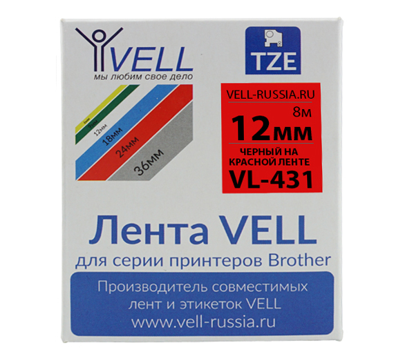 Лента Vell VL-431 (Brother TZE-431, 12 , черный на красном)