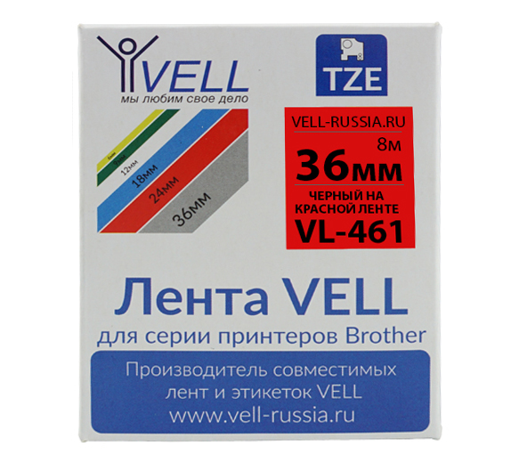 Лента Vell VL-461 (Brother TZE-461, 36 мм, черный на красном) для PT9700/P900W