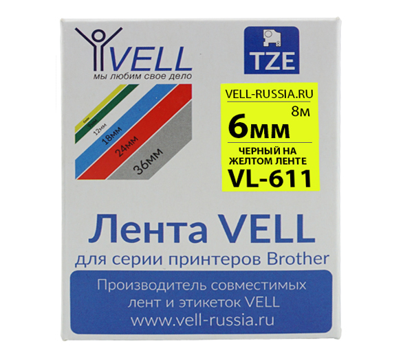 фото Лента vell vl-611 (brother tze-611, 6 , черный на желтом)