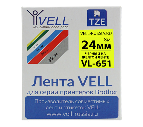 Лента Vell VL-651 (Brother TZE-651, 24 , черный на желтом)