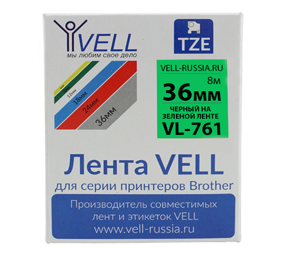 Лента Vell VL-761 (Brother TZE-761, 36 мм, черный на зеленом) для PT9700/P900W