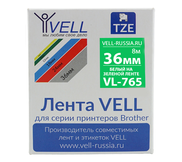 Лента Vell VL-765 (Brother TZE-765, 36 мм, белый на зеленом) для PT9700/P900W