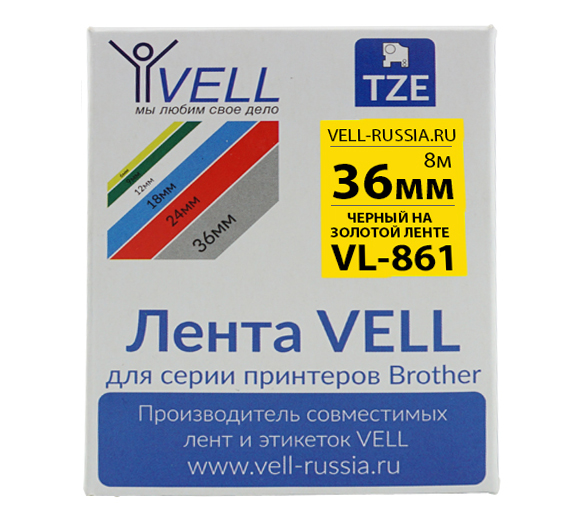 фото Лента vell vl-861 (brother tze-861, 36 мм, черный на золотом) для pt9700/p900w