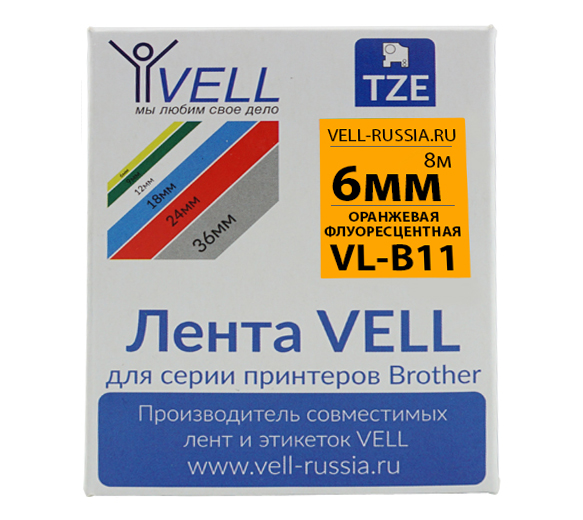 Лента Vell VL-B11 (Brother TZE-B11, 6 , черный на оранжевом)