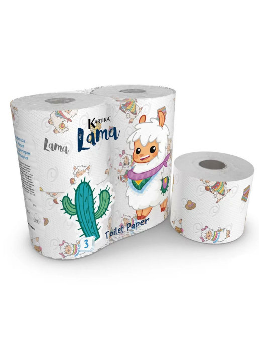 фото Туалетная бумага world cart "лама" с рисунком, kartika collection, 3 слоя, 4 рул/200 л