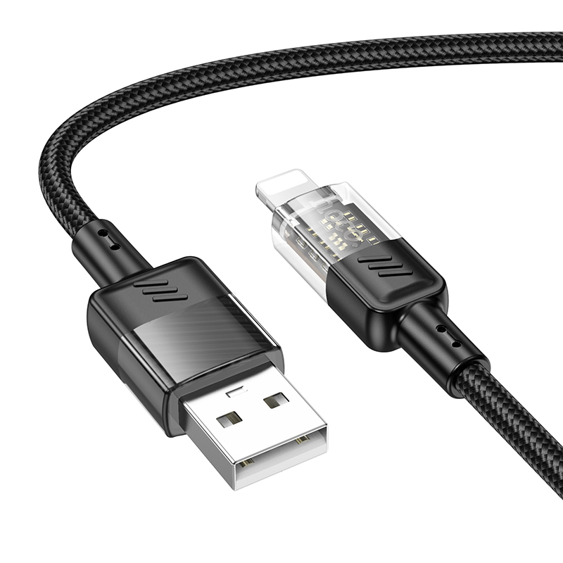 USB дата кабель Lightning, HOCO, U129, 1.2м, черный с прозрачным 600015878224