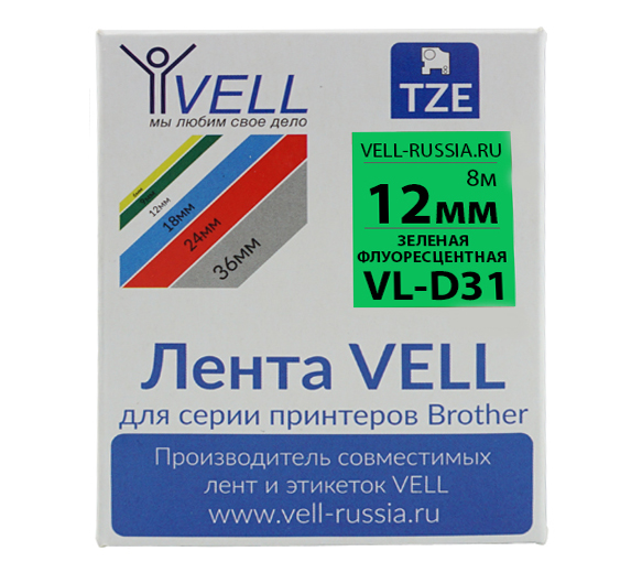 Лента Vell VL-D31 (Brother TZE-D31, 12 , черный на зеленом)