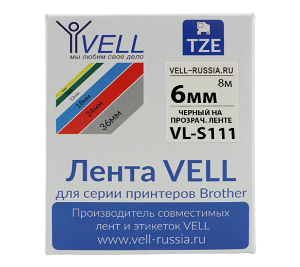 Лента Vell VL-S111 (Brother TZE-S111, 6 , черный на прозрачном)