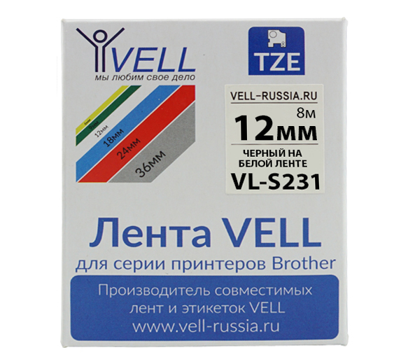 фото Лента vell vl-s231 (brother tze-s231, 12 , черный на белом)