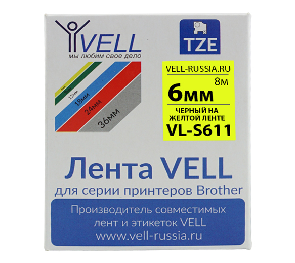 Лента Vell VL-S611 (Brother TZE-S611, 6 , черный на желтом)