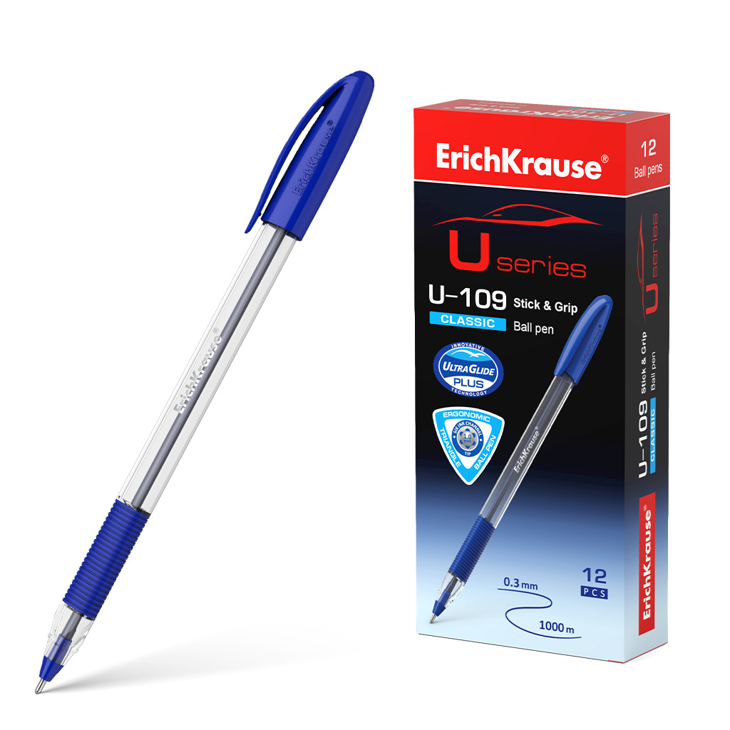 

Ручка шариковая ErichKrause U-109 Stick&Grip 53742 цвет чернил синий, 12 штук