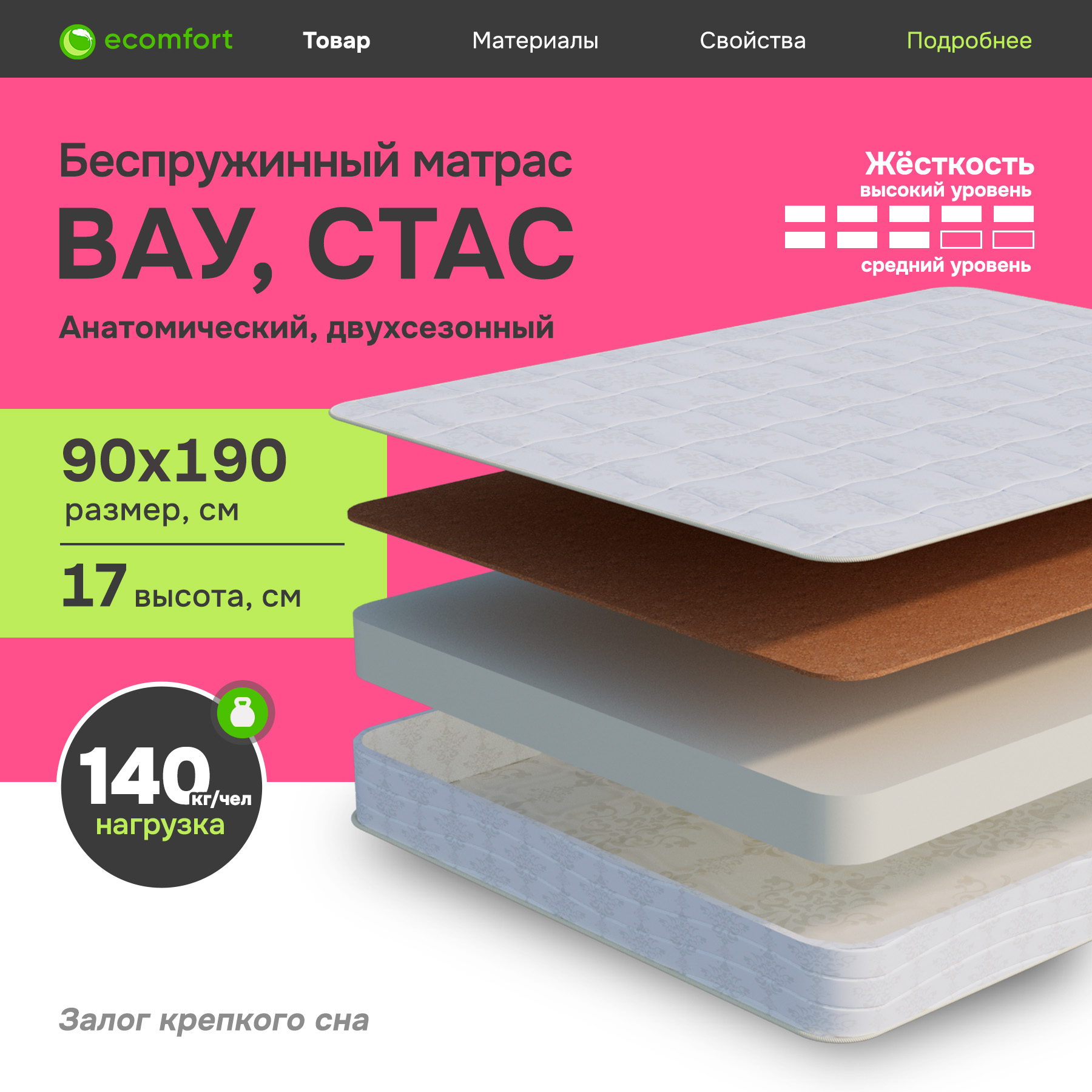 Матрас Ecomfort Вау Стас белый 90х190 22999₽