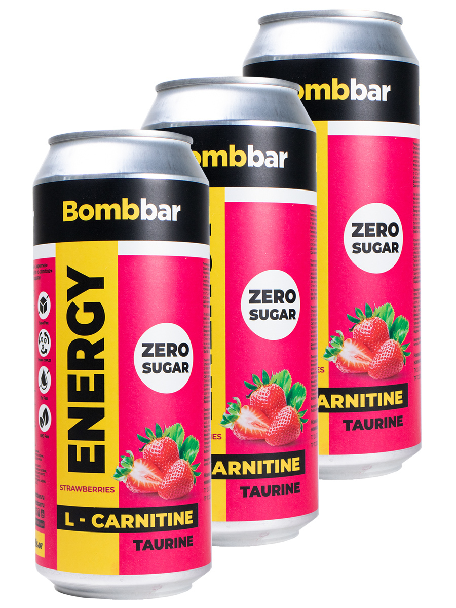 Напиток без сахара Bombbar с Л-карнитином energy, 3шт по 500мл (клубника-земляника)