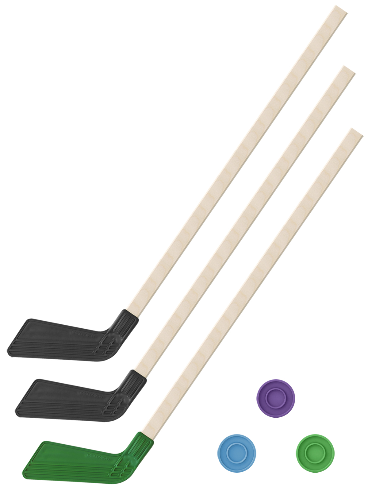 Детский хоккейный набор Задира-плюс 3 в 1 Клюшка хоккейная 80 см (2черн, 1зел) + 3 шайбы