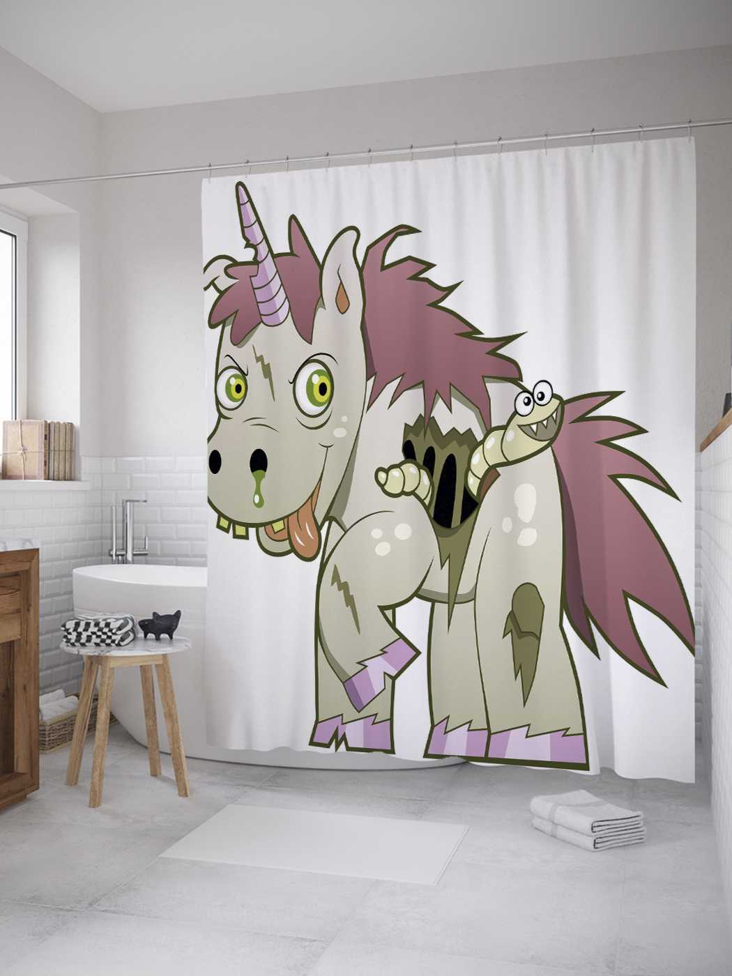 

Штора (занавеска) JoyArty для ванной "Зомби единорог" из сатена, 180х200 см с крючками, Голубой