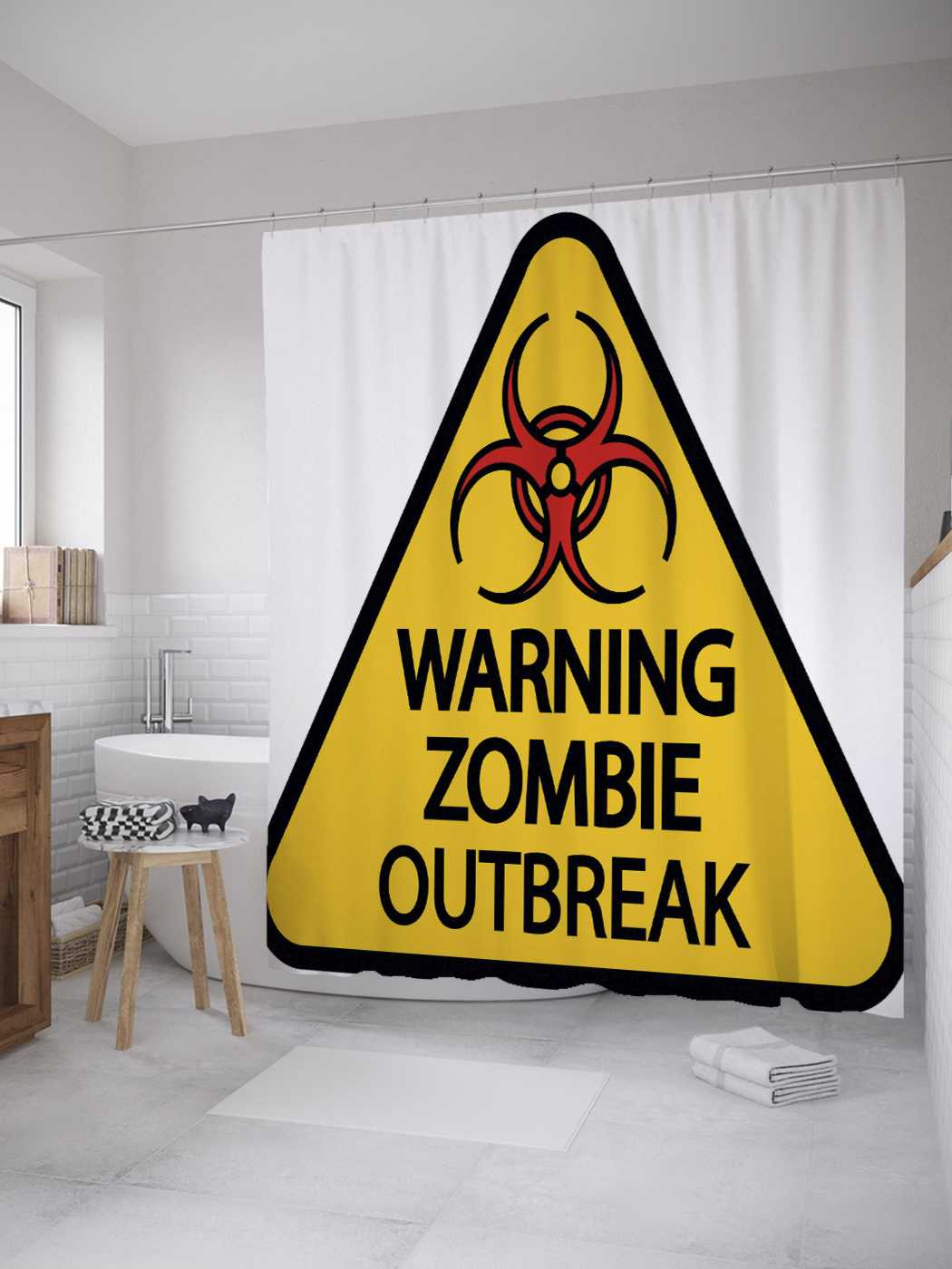 

Штора (занавеска) JoyArty для ванной "Осторожно, зомби" из сатена, 180х200 см с крючками
