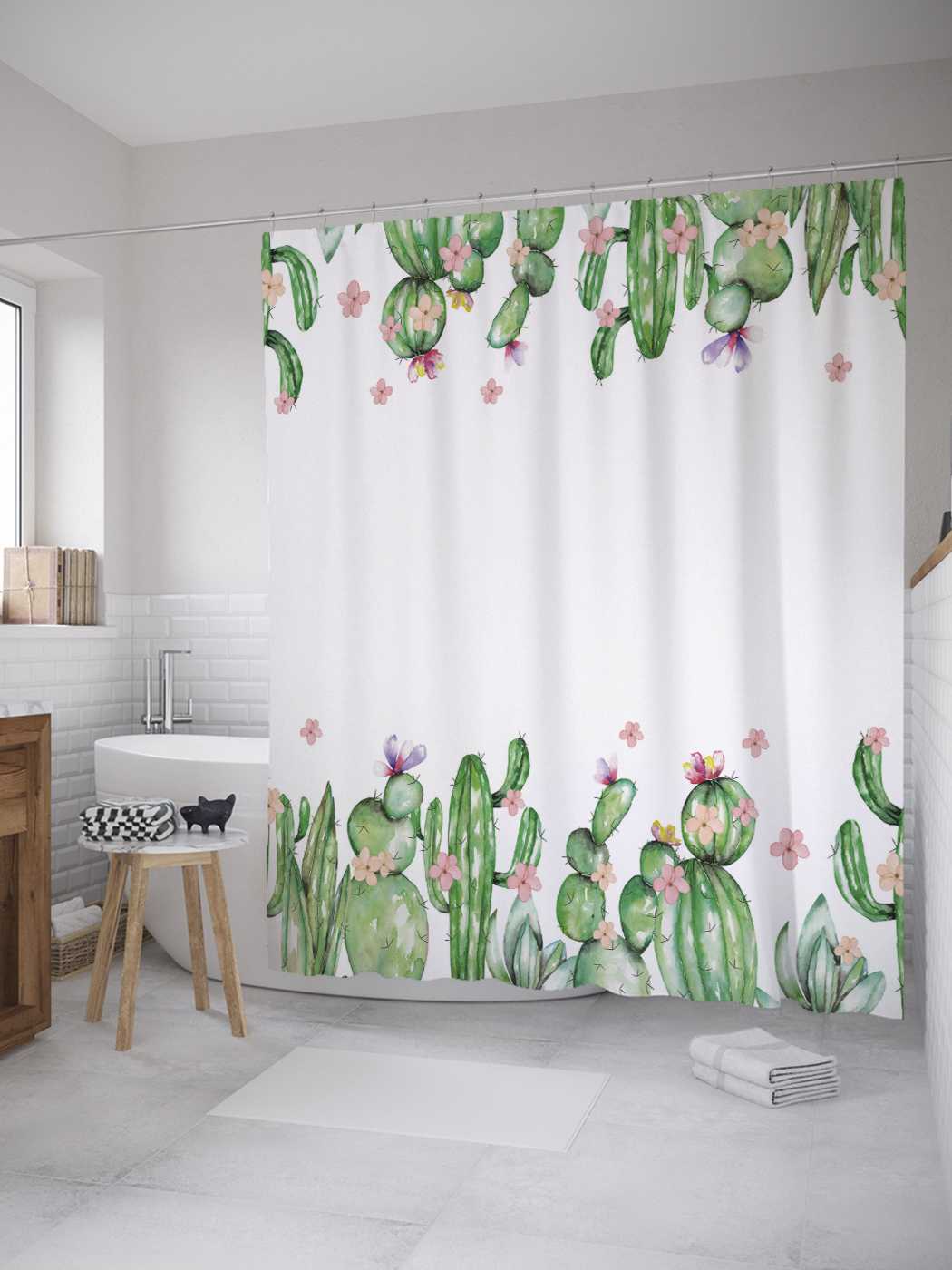 фото Штора joyarty для ванной "кактусовое обрамление" из сатена, 180х200 см с крючками