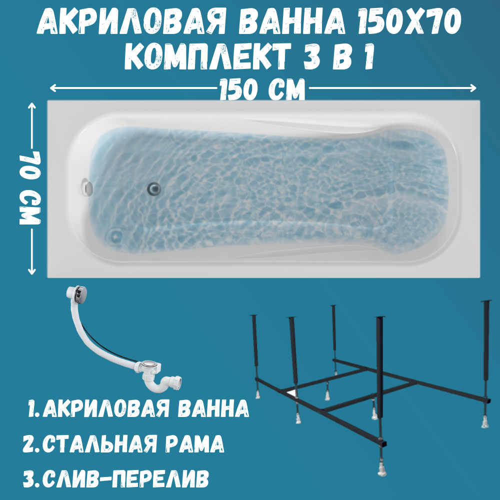 

Ванна акриловая 1MARKA CLASSIC 150х70 набор 3в1: ванна, каркас, слив 01кл1570Акс2+, Белый, CLASSIC