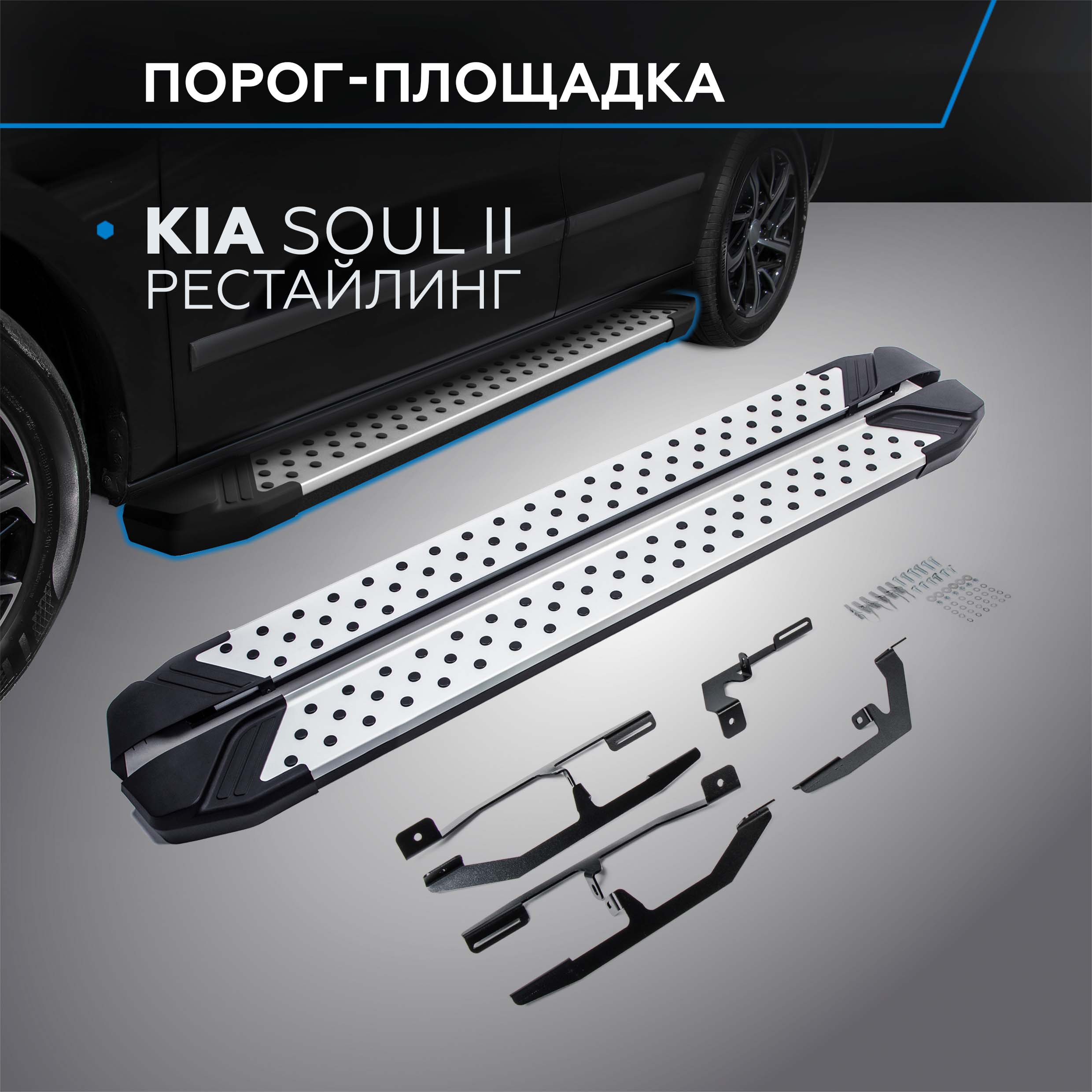 

Пороги на автомобиль "Bmw-Style круг" Rival Kia Soul II рестайл. 2017-2019, D173AL.2804.1