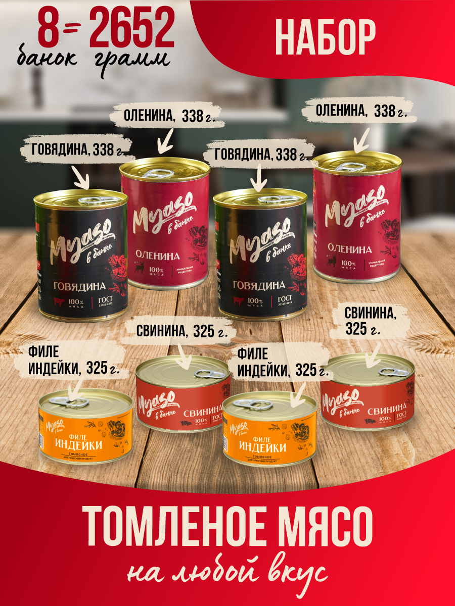 

Ассорти Мясо в банке Оленина, Свинина, Говядина, Индейка, 325 г х 8 шт