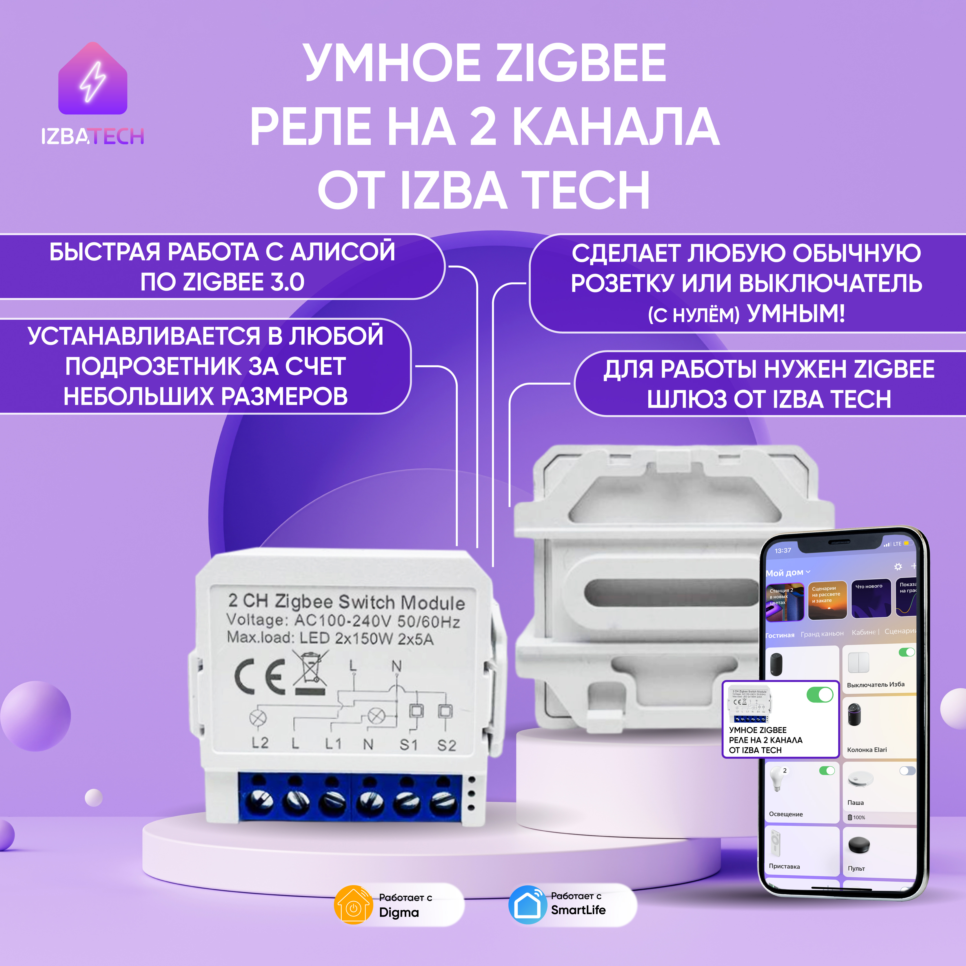 

Умное ZIGBEE 3.0 реле на 2 канала для Яндекс Алисы Izba Tech 00153-1, 00153-1